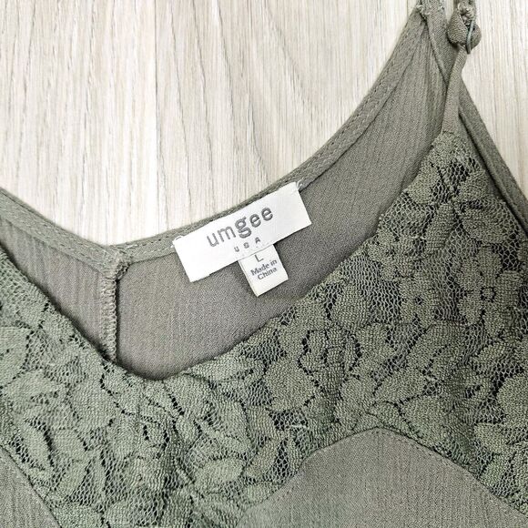 Umgee Womens Green Dress Spaghetti Strap Gathered Waist V-neck Lace Large - Picture 4 of 7
